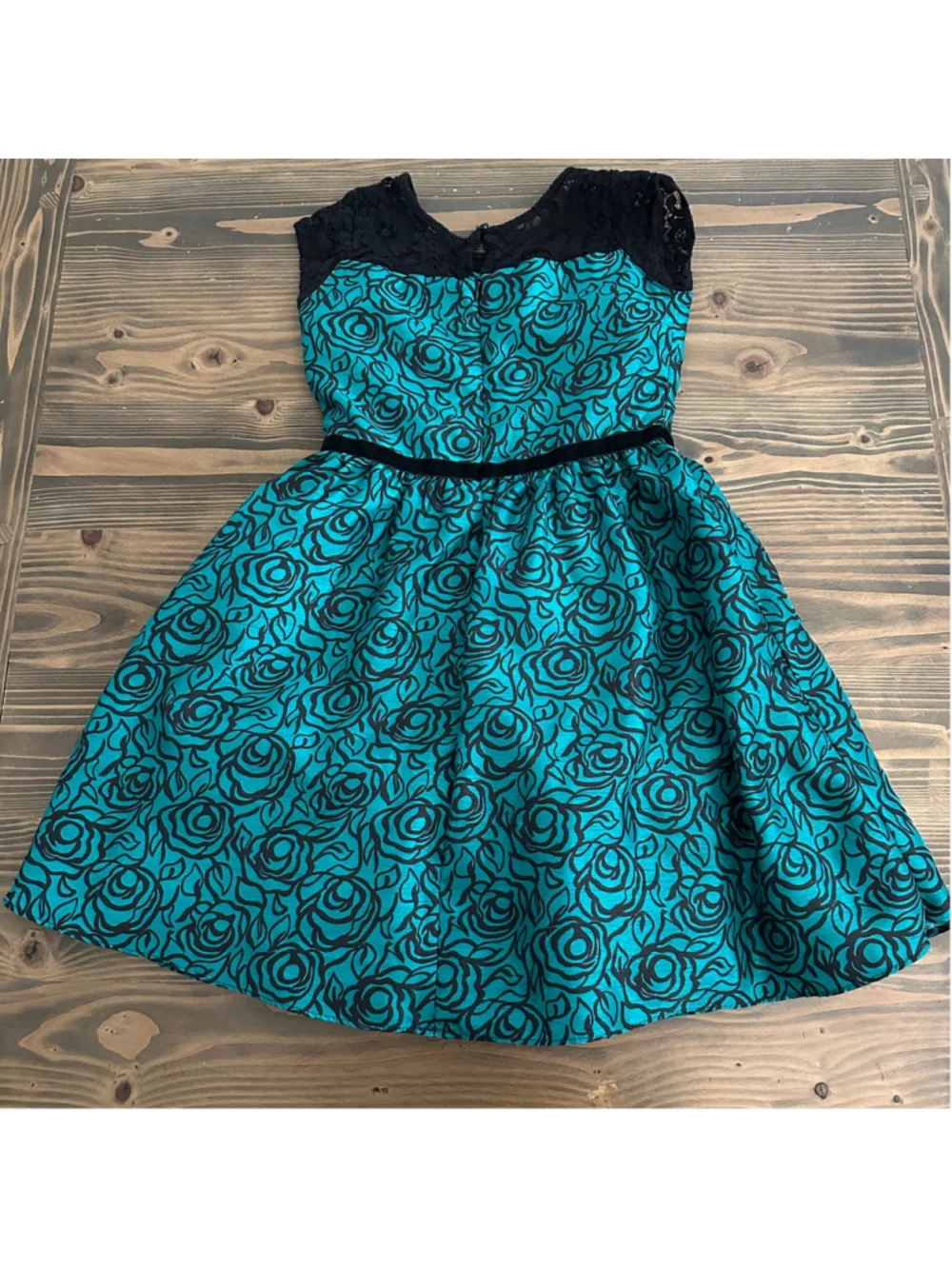 Gymboree Dressed Up Girls Dress Size 10 Teal Black Rose Print Lace Tulle